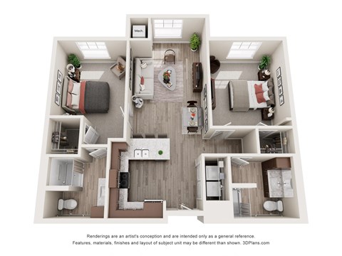 Floor plan for 2 beds, 2 baths, 1030 sqft